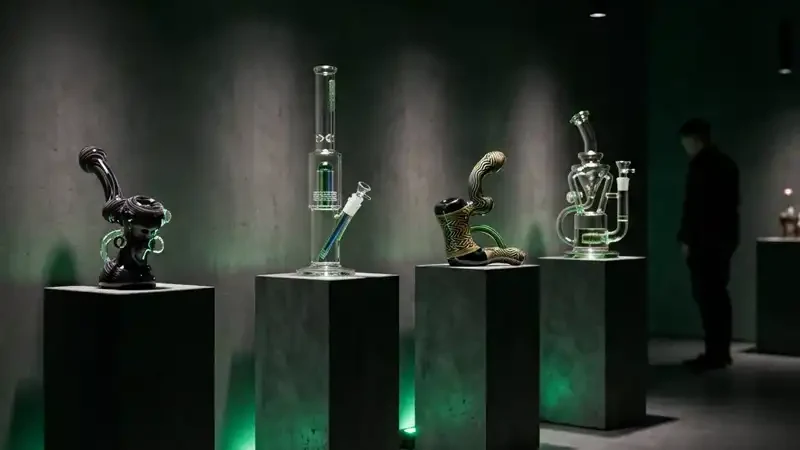 Hochwertige Glasprodukte und Pfeifen in einer Galerie