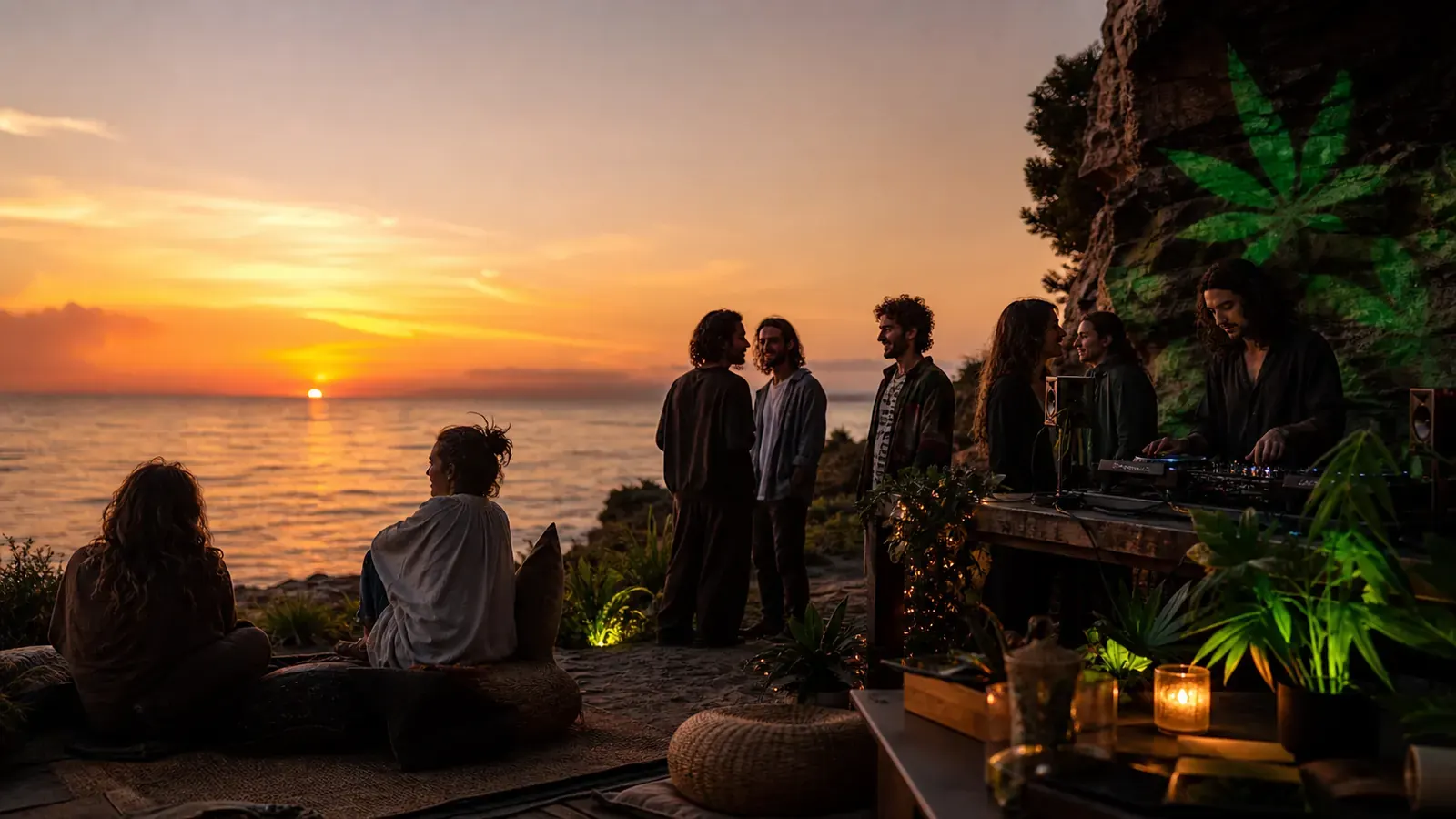 420-Community und DJ bei einer gemeinsamen Sunset-Session am Strand