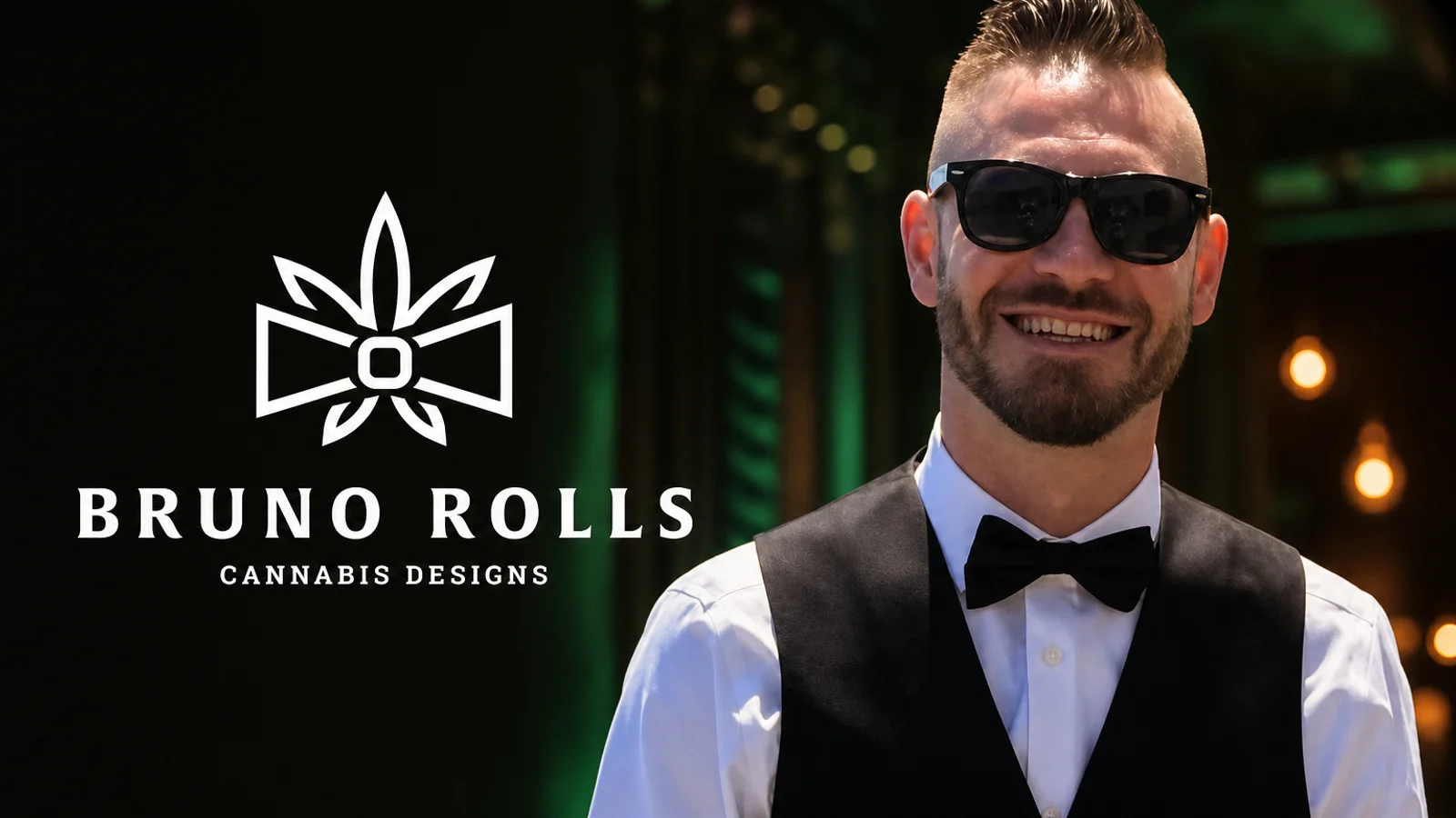 Bruno Van Holland von Bruno Rolls im Smoking-Look neben seinem Logo