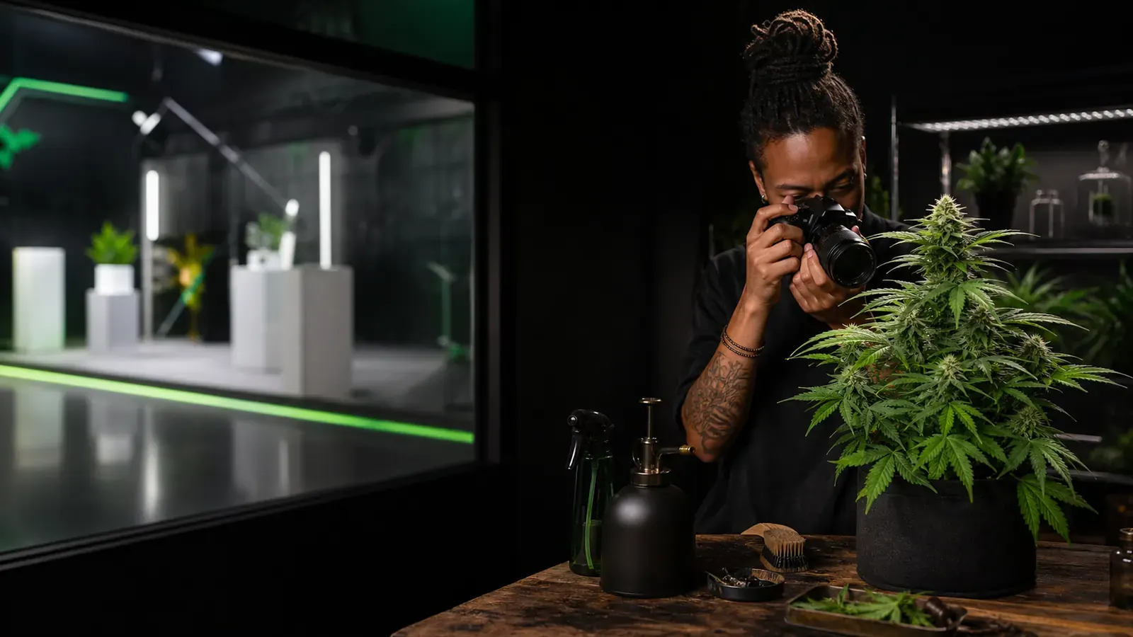 Creator fotografiert eine Cannabispflanze in einem authentischen Content-Studio