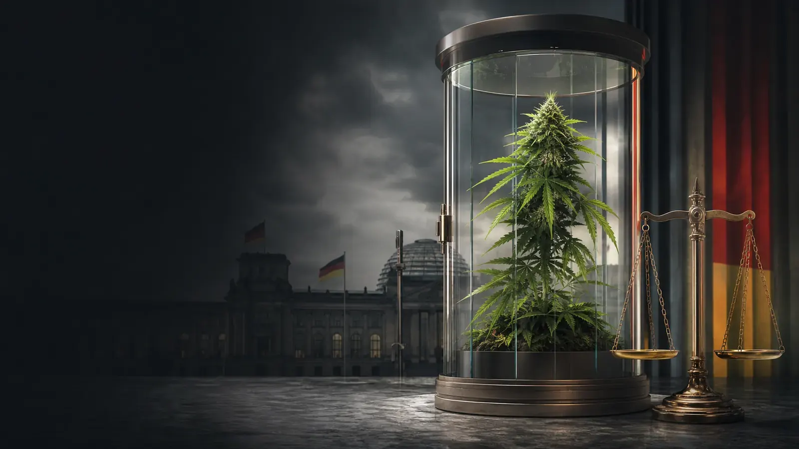 Geschützte Cannabispflanze und Waage vor dem Deutschen Bundestag
