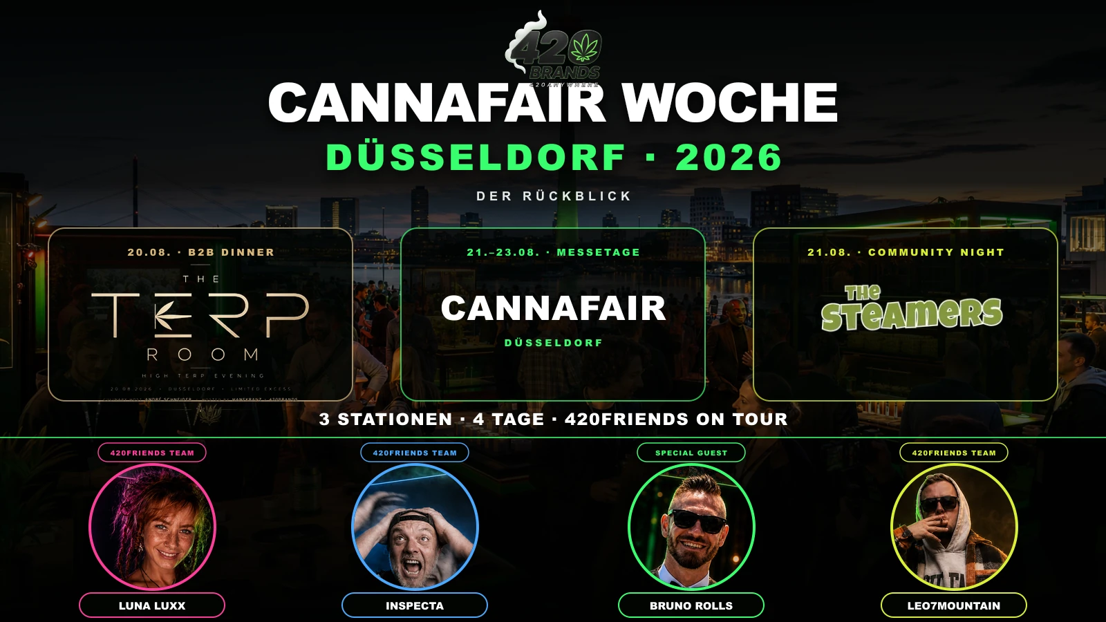 Luna Luxx, Inspecta, Bruno Rolls und Leo7Mountain als 420FRIENDS on Tour zur Cannafair 2026