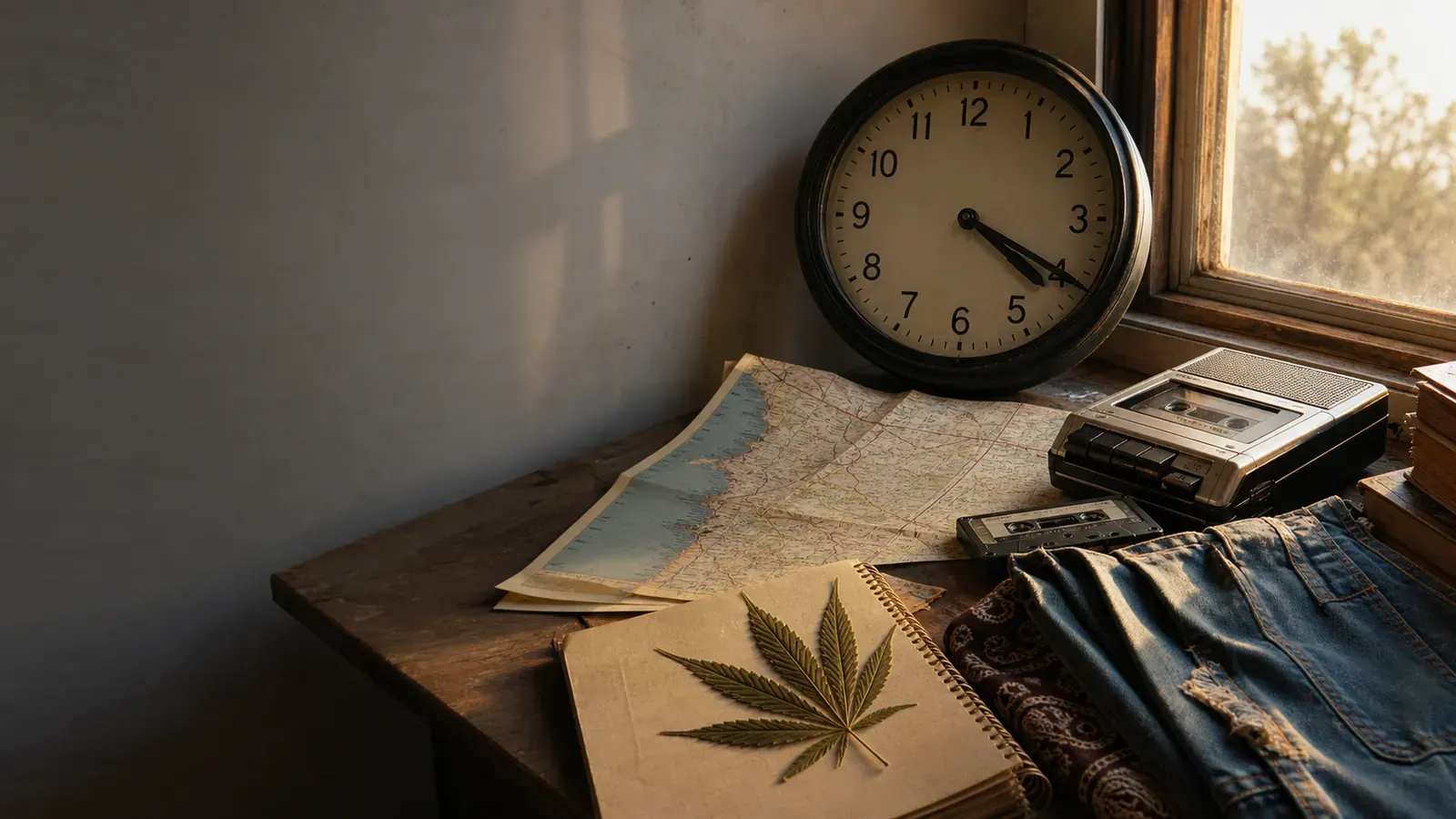 Historische 420-Szene mit Uhr, Kalifornien-Karte und Cannabisblatt