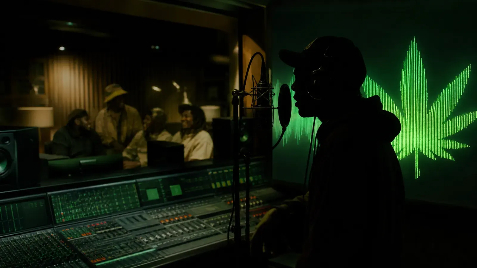 Hip-Hop-Artist im Studio vor einer cannabisförmigen grünen Tonwelle