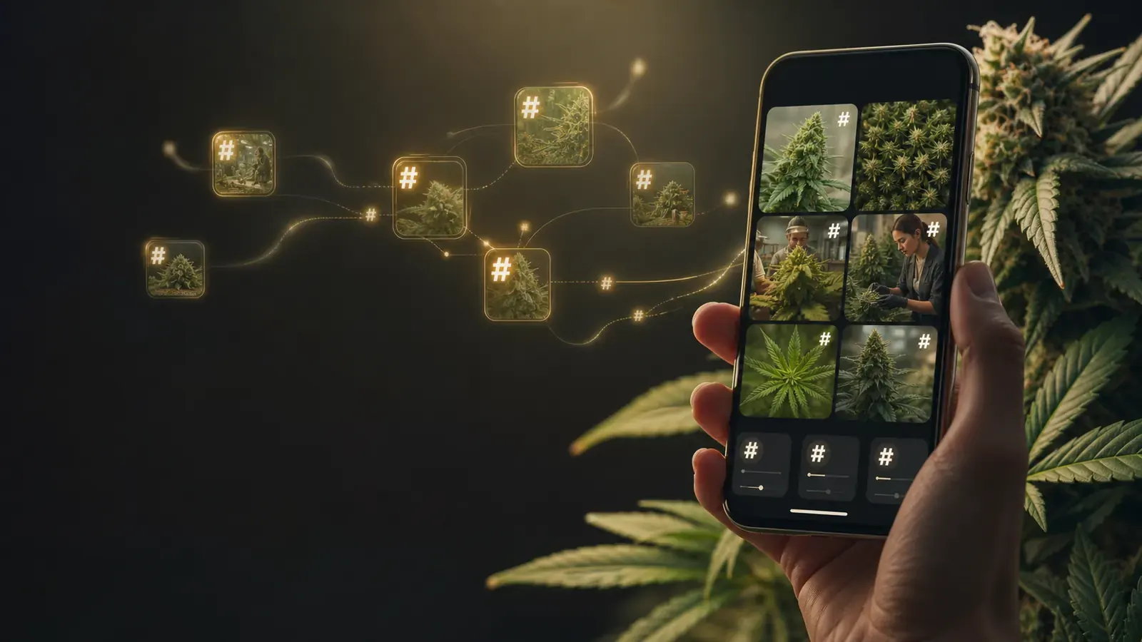 Cannabis-Content auf einem Smartphone, über relevante Hashtags mit Communities vernetzt