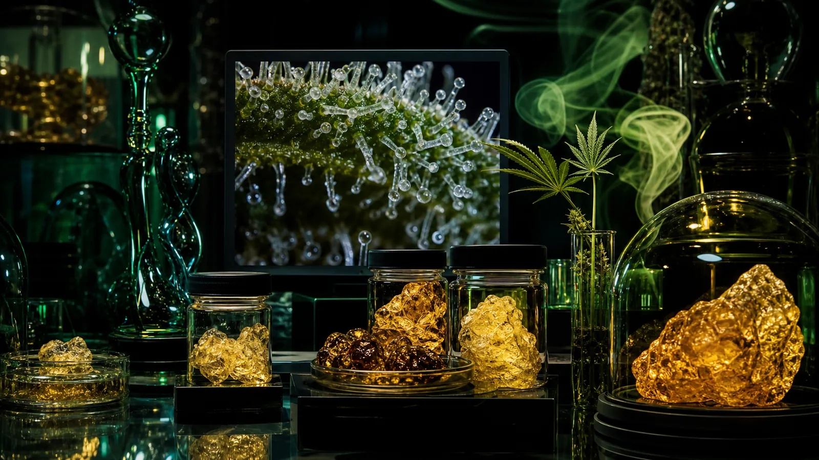 710-Kultur mit Trichom-Makro, Glasdesign und abstrakten goldenen Harzstrukturen