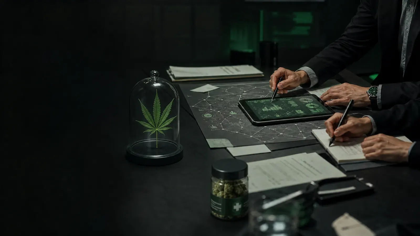 Strategische Beratung am Tisch mit Cannabis-Markt- und Compliance-Analyse